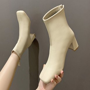 法式小短靴2023年粗跟高跟白色瘦瘦靴春夏方头女式中筒靴裸靴