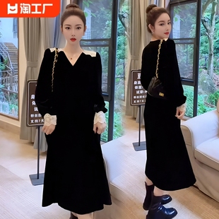 秋季2023女装气质赫本风小黑裙蕾丝拼接长袖丝绒连衣裙子韩版