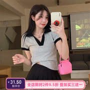 Amyway纯欲风性感V领撞色短款T恤女 夏装polo领修身显瘦短款上衣