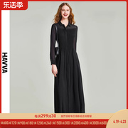 havva2024春季黑色连衣裙，女气质衬衫裙法式雪纺长裙q48701