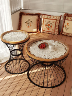 美式乡村客厅沙发边几铁艺，角几实木雕花复古圆形，桌子小茶几咖啡桌