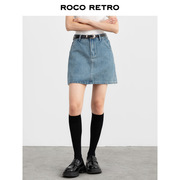 ROCO复古浅蓝色高腰牛仔半身裙女夏小个子纯棉显瘦a字短裙 送腰带
