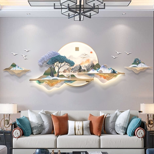 3d立体浮雕客厅装饰画山水灯光茶室挂画高级感沙发背景墙新中式画