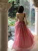 纯欲性感大露背吊带连衣裙女早春粉色裙子设计感系带a字礼服长裙
