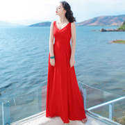 2023女士长裙子V领年会红色礼服裙雪纺显瘦气质吊带连衣裙