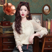 韩版荷叶边钉珠长袖衬衫女2024春法式小众设计感衬衣雪纺上衣