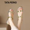 TATA PERKO联名女鞋真皮时尚平底露趾一字带铆钉罗马凉鞋女款夏季