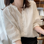 白色职业衬衫女夏短袖设计感小众宽松显瘦棉麻衬衣五分袖气质上衣