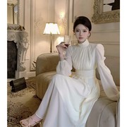 法式白色半高领长袖连衣裙仙女春季2024气质裙子雪纺a字长裙