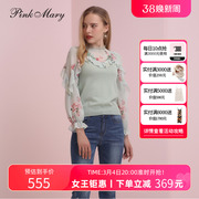 粉红玛琍粉红玛丽春秋套头衫，羊毛拼接蕾丝，衫长袖上衣pmajs8005