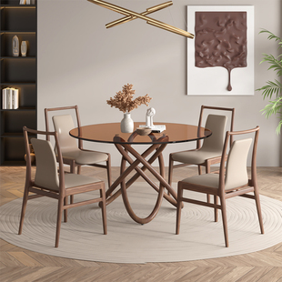 现代极简钢化玻璃餐桌，设计师实木圆桌北美黑胡桃木，圆餐桌椅组合
