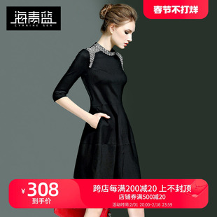 海青蓝春秋女装时尚复古圆领，钉珠小黑裙优雅气质连衣裙减龄款