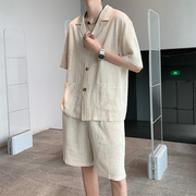 棉麻睡衣男士夏季套装中国风复古中式加肥加大码亚麻家居服可外穿