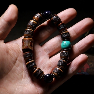 西藏佛珠手串男老料牦牛骨嘎巴，啦玛瑙牛角绿松石，灵骨文玩男士手链