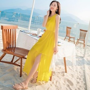 黄色连衣裙夏雪纺(夏雪纺)吊带，长裙高级感沙滩裙海边度假三亚超仙裙子