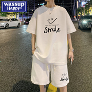 wassup happy2024短袖T恤男士运动套装夏季潮牌宽松百搭一套