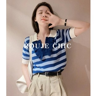 法国Rouje Chic法式polo领拼接木耳边上衣蓝色条纹针织短袖T恤女