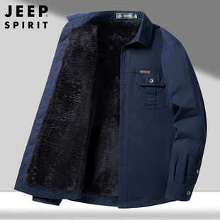 jeep工装纯棉衬衫男士，冬季加绒加厚保暖上衣中老年，爸爸衬衣外套男