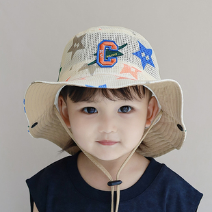 儿童遮阳帽子夏季薄款男童渔夫帽透气网格防晒帽爵士风宝宝太阳帽