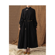 MORIN KHUUR 设计师品牌薄款大廓形褶皱中式系带长袖连身裙