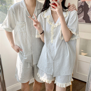 睡衣女夏季短袖短裤韩版甜美蕾丝边格子泡泡棉情侣家居服两件套装