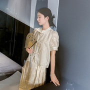 新中式国风衬衫女2024欧根纱，短袖立领短款高级感配马面裙上衣