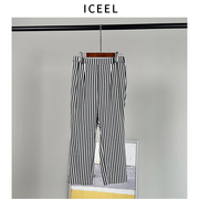 iceel原创设计师女装，时尚休闲裤女春高腰，设计黑白格子九分裤