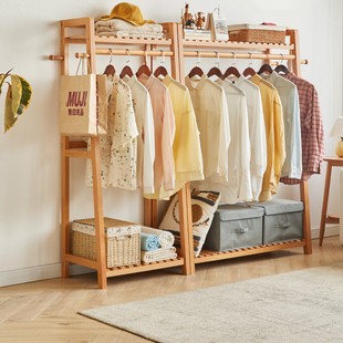 简易实木衣帽架落地卧室挂衣架，客厅榉木质，晾衣服架家用房间立式杆