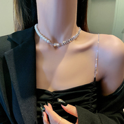 镶钻珍珠拼接项链韩国东大门时尚设计感锁骨链ins风气质个性颈链