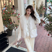 FairyJiang 冬季白色双面毛呢外套套装女环保皮草羽绒马甲两件套