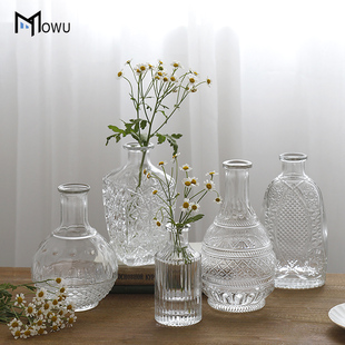 复古浮雕透明玻璃小花瓶摆件，网红轻奢ins风客厅插花餐桌面装饰品