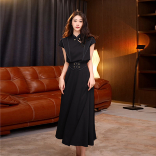 新中式国风橘色套装连衣裙女2024夏季设计感立领短袖半身裙两件套