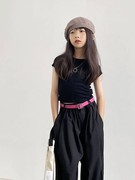 豆丁韩国儿童洋气街舞黑色，紧身短款上衣，女童黄色短袖t恤大童童装