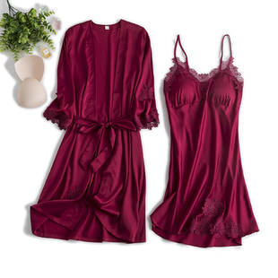 向娜睡衣女春秋薄款冰丝绸，吊带睡裙睡袍两件套带胸垫新娘晨袍红色