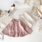 春秋女婴童镂空开衫圆领，纯色长袖个月薄款针织空调衫女宝娃娃外套