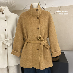韩系黄色人字纹系带中长款羊绒，外套女冬装宽松显瘦羊毛大衣