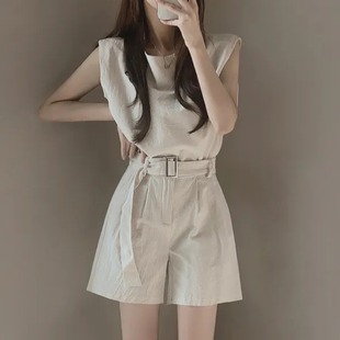 韩国chic夏季法式复古时尚无袖背心+高腰，阔腿短裤两件套休闲套装