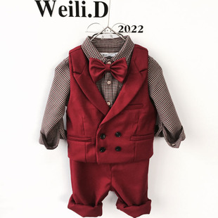 男宝宝周岁抓周红色礼服，秋季男童绅士，花童小西装马甲长袖套装