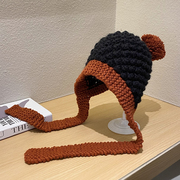 帽子女韩版拼色针织毛线帽保暖百搭甜美可爱毛球护耳帽秋冬季