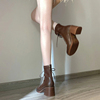 超火短靴女2024年秋季韩版圆头瘦瘦靴粗跟棕色系带中筒马丁靴