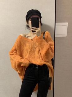 韩版马海毛毛衣女2024宽松薄款慵懒风橘色，v领套头羊毛针织衫
