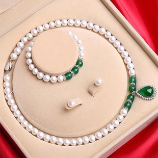母亲节送礼珍珠纯银镶绿玉髓项链吊坠送妈妈婆婆母亲节生日A1