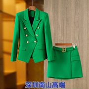 欧美风2023草绿色修身版西装上衣金属扣A 字半裙时尚两件套装套裙