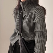 韩国chic秋冬复古单排扣高领，保暖毛衣外套，坑条显瘦长袖针织开衫女
