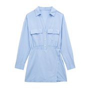 WMXZ夏季8372068V领口袋纽扣衬衫款式蓝色短连体裤8372/068