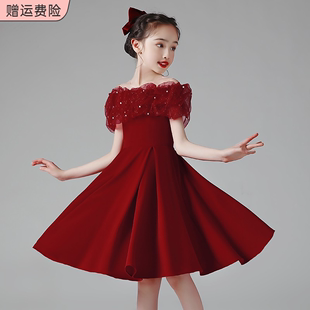 女童主持人礼服公主裙儿童洋气，高端钢琴演奏演出服红色周岁晚礼服