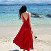 三亚旅游拍照红色吊带V领露背大摆沙滩裙超仙绝美海边度假连衣裙
