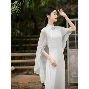 山有色秋季中国风女装复古白色茶人服立领雪纺气质长款连衣裙