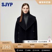 sjyp高端毛呢外套，女2023冬季复古短款双排扣纯羊毛双面呢大衣
