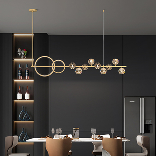 全铜餐厅吊灯北欧现代简约长条饭厅吧台灯，轻奢个性创意大气水晶灯